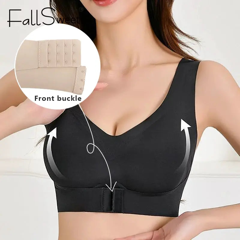 Posture correction bralette by FallSweet, black seamless wireless push-up with cross-back.