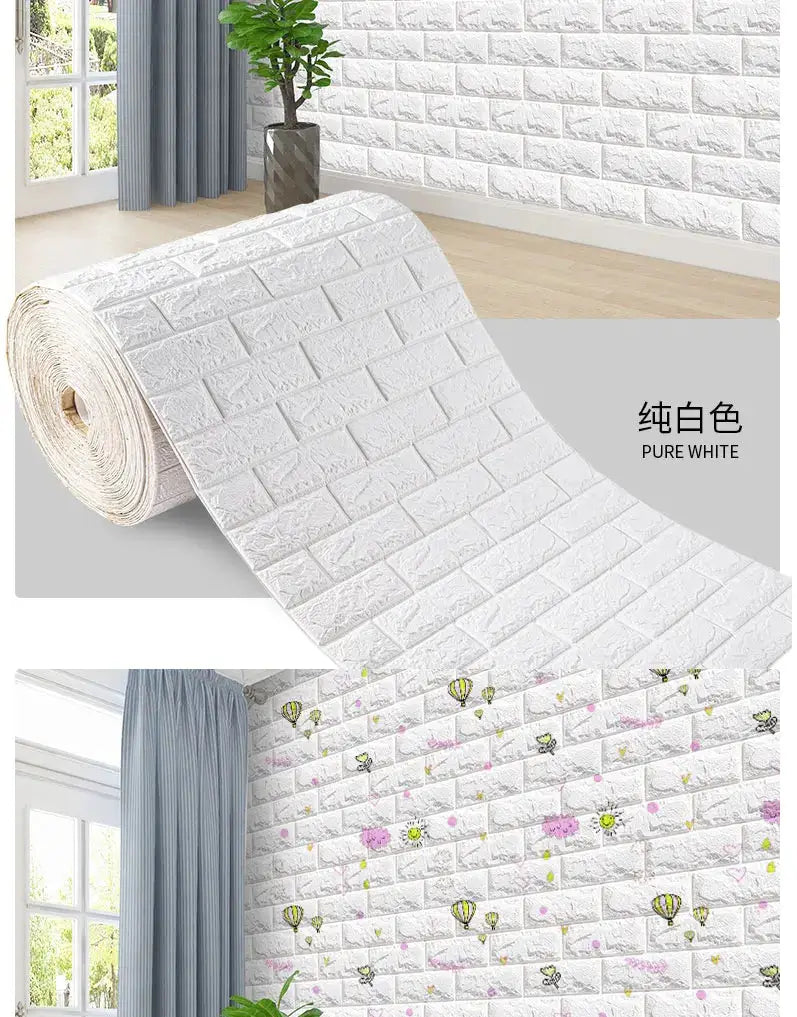Simples Market 3D foam brick wall panels roll; pure white, self-adhesive waterproof wallcovering for living room decor and TV backdrop
