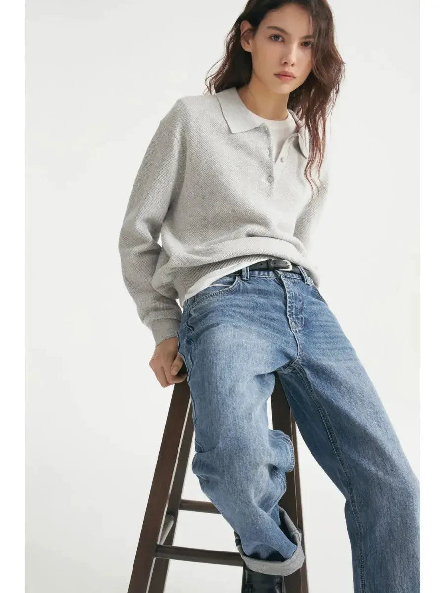 Hirsionsan Winter Women Knitted Set Polo Neck Sweater Wide Leg Pants