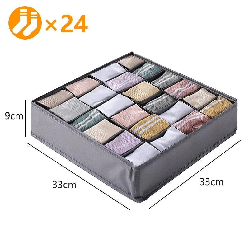Simples Market 24-compartment underwear organizer box in gray fabric, 33x33x9 cm, stores socks and panties.
