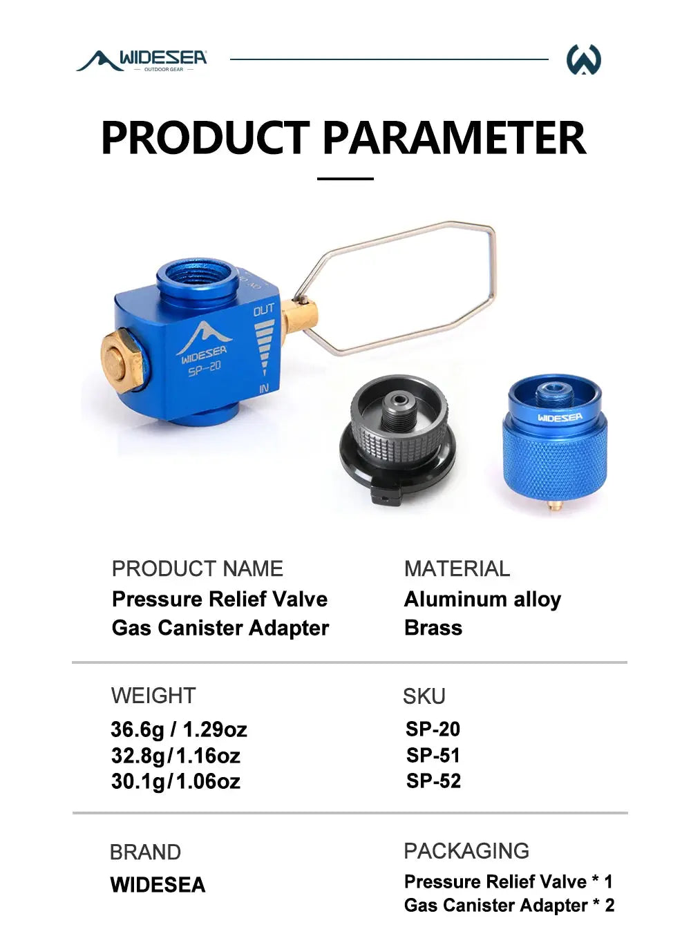 Pressure relief valve gas canister adapter by Widesea; blue aluminum body with brass fittings