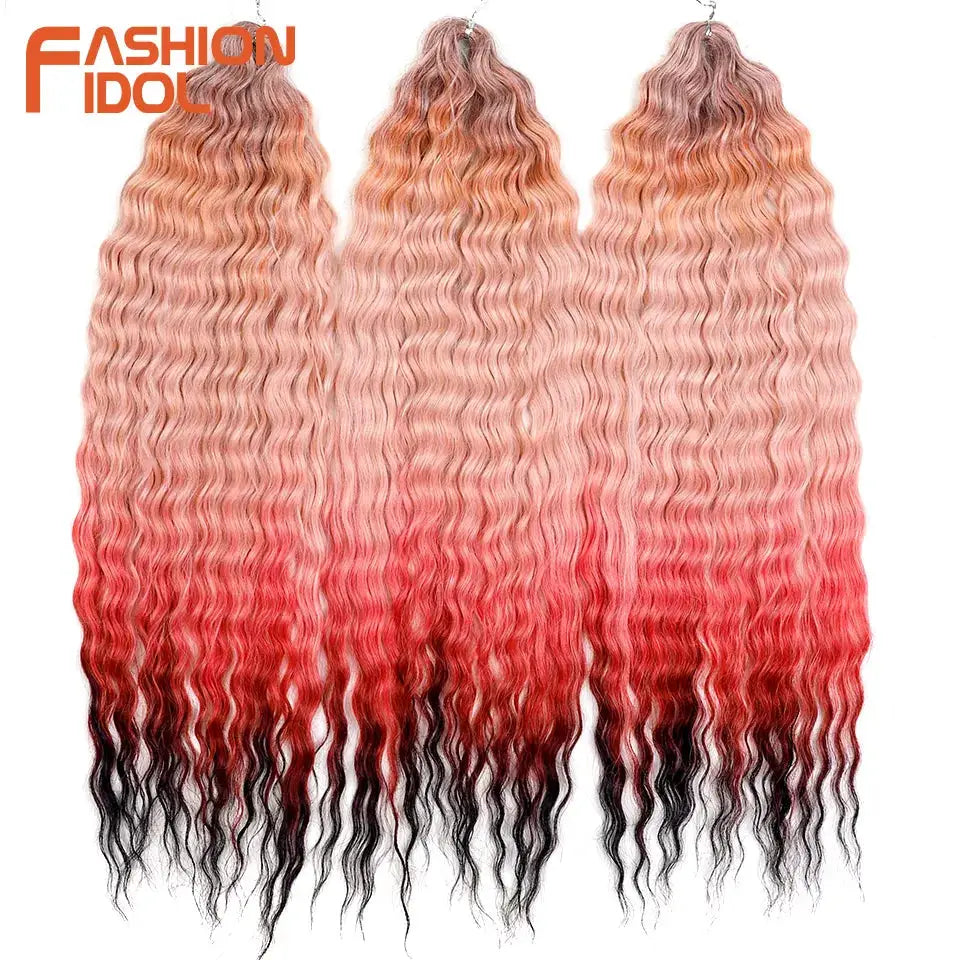 Fashion Idol hair extensions, 3-pack, 22in ariel curl water-wave, ombre rainbow, synthetic braiding.