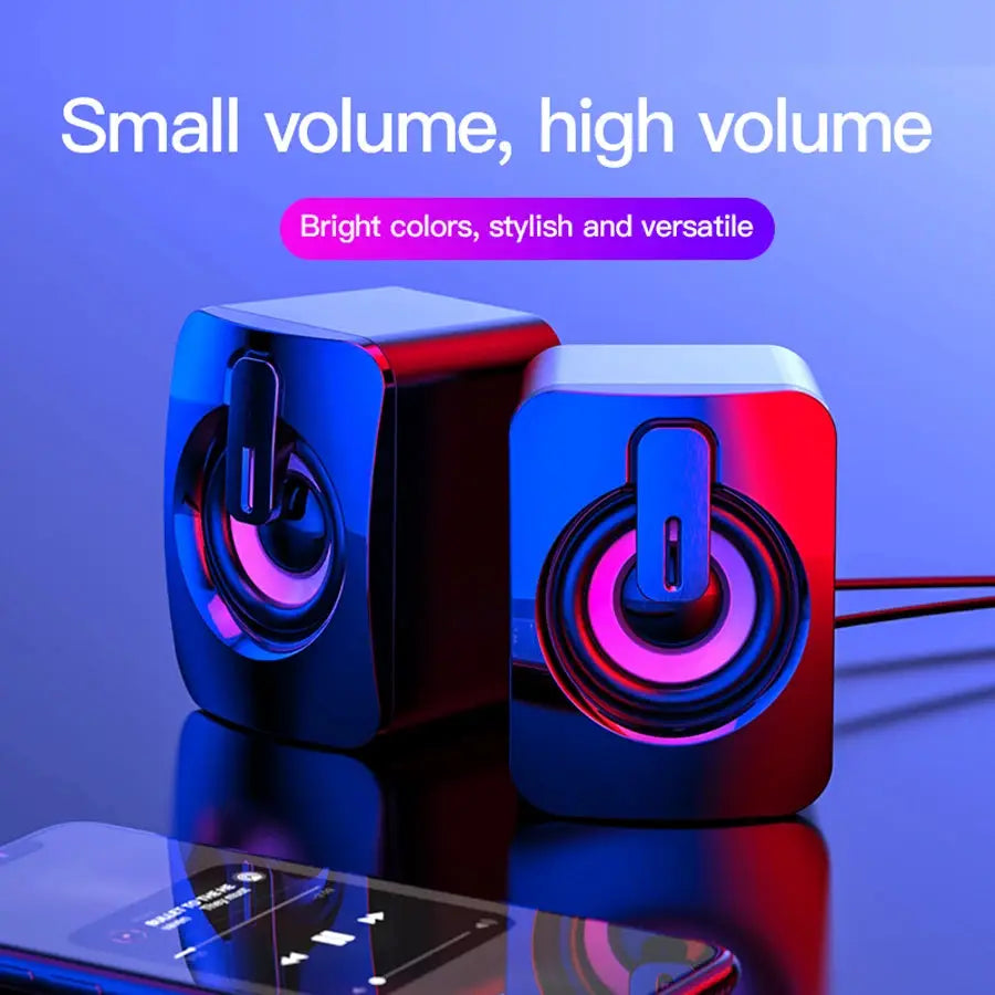 Pair of desktop computer speakers in blue and pink LED lighting with Bluetooth and USB