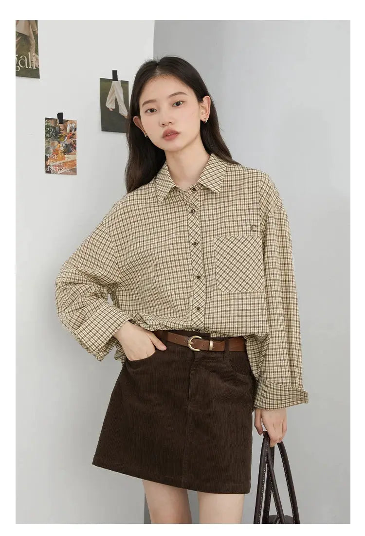 CHIC VEN women’s plaid shirt by Simples Market; loose casual, beige-brown check, button-down with front chest pocket