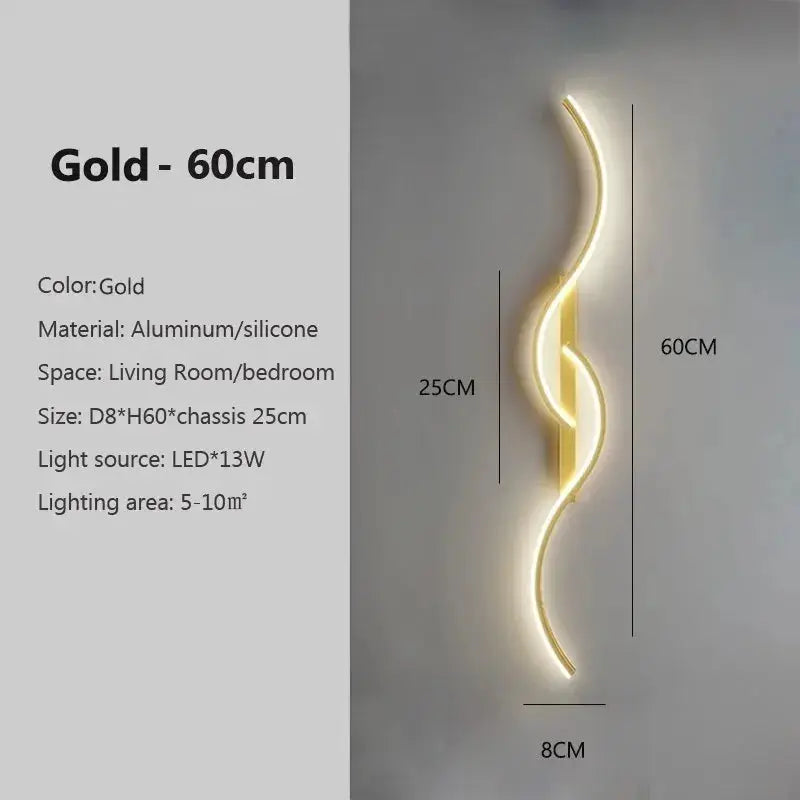 Gold LED wall lamp by Simples Market, curved minimalist light strip for living room/bedroom, aluminum/silicone, 60cm long