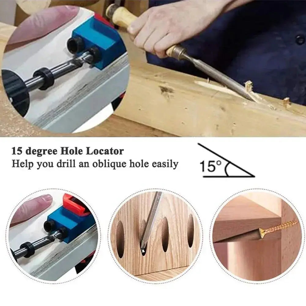 Woodworking Oblique Pocket Hole Locator Jig Kit 15 Degree Angle Drill Guide Set Hole Puncher Drill Bits