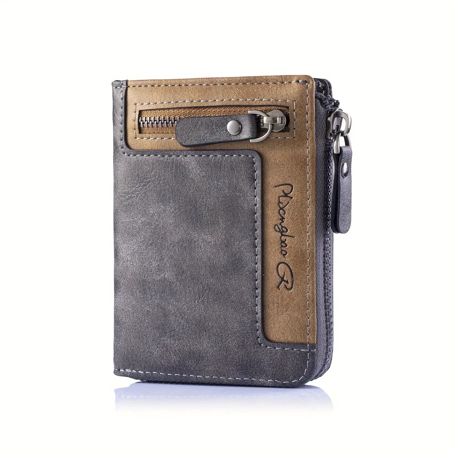 Men's retro short wallet with zippered coin pocket in two-tone gray and tan PU leather