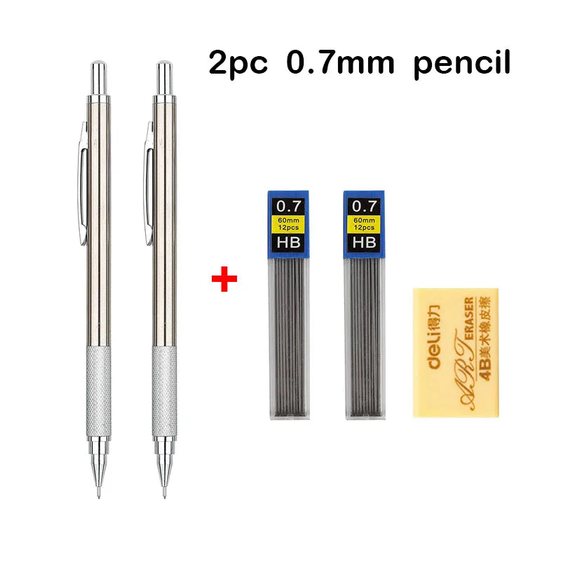 Simples Market metal mechanical pencil set with two silver pencils, two HB 0.7mm lead packs, and a yellow eraser