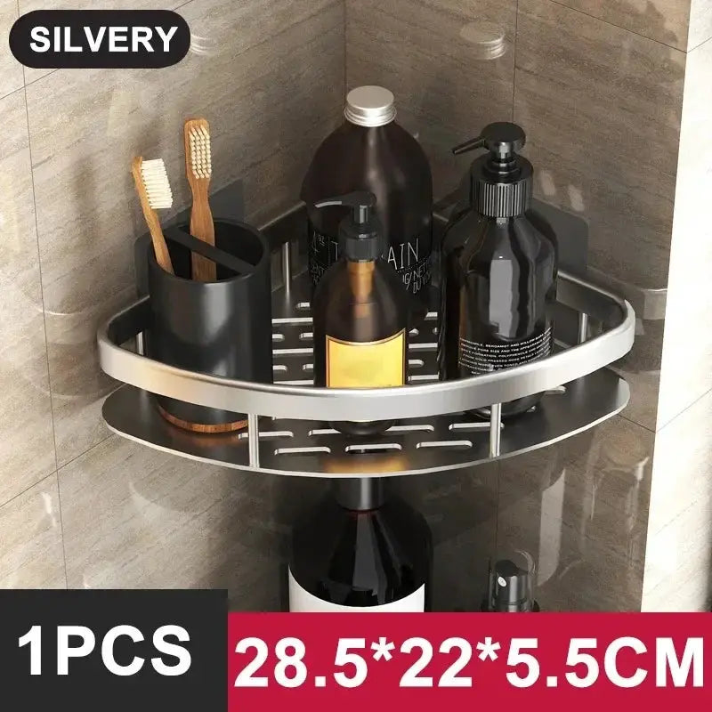 Bathroom corner shelf organizer by Simples Market; aluminum alloy, no-drill shower rack, silver finish.