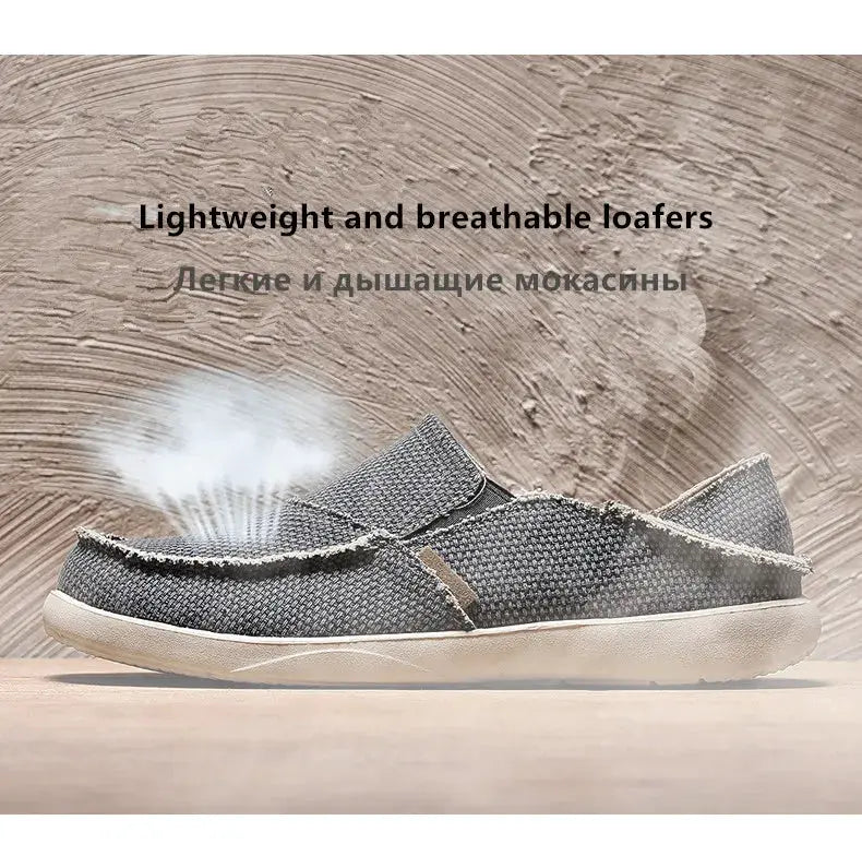 Simples Market men's canvas slip-on loafers in grey; lightweight, breathable casual shoes