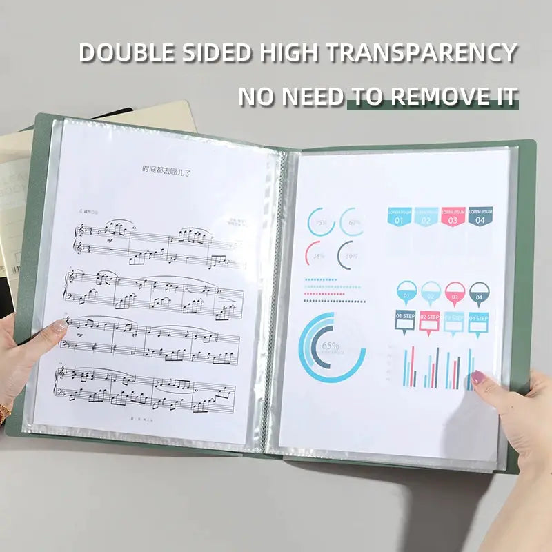A4 side-loading folder with multi-layer transparent sleeves and dividers in a green binder showing sheet music