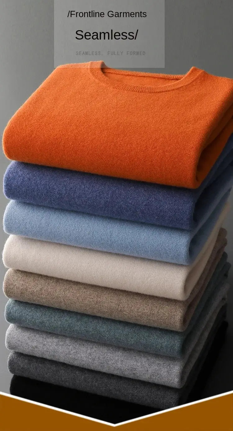 Simples Market 2025 cashmere O-neck men's oversized pullovers, stacked in 9 assorted colors.