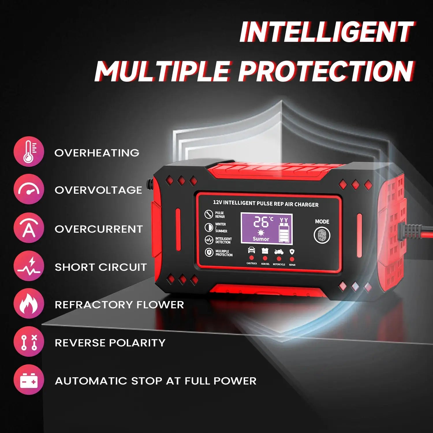 Simples Market 6A 12V intelligent car and motorcycle battery charger with red/black housing and LCD display.