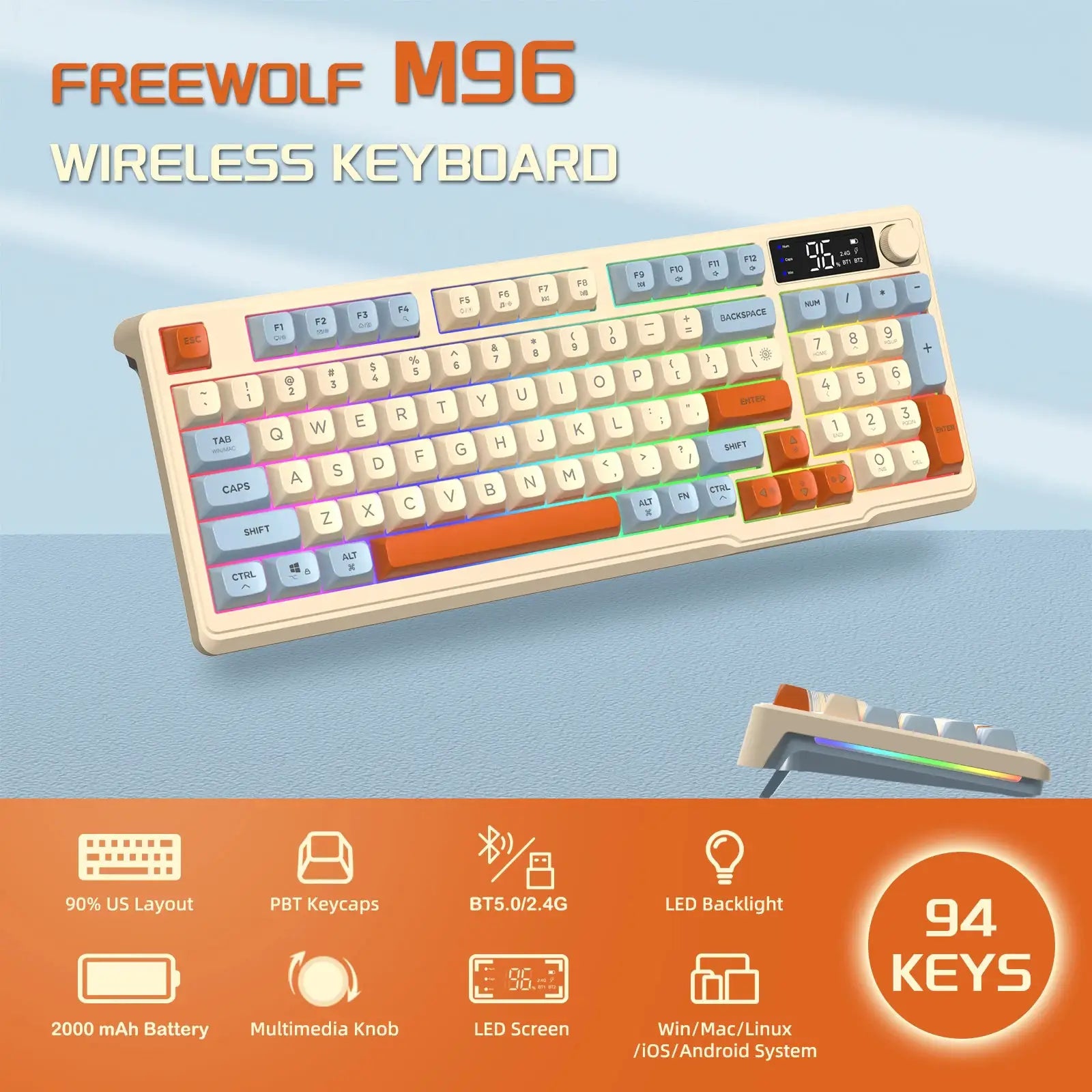 ZIYOU LANG wireless gaming keyboard with display screen and knob, RGB backlit cream-colored keys, 2 keyboards shown