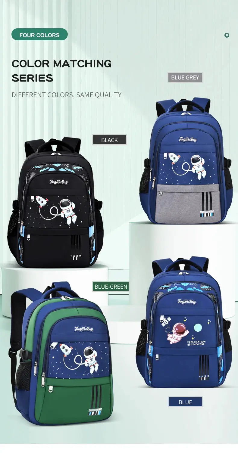 Astronaut-themed kids' school backpack in four colors: black, blue, blue-green, blue-grey, waterproof laptop backpack