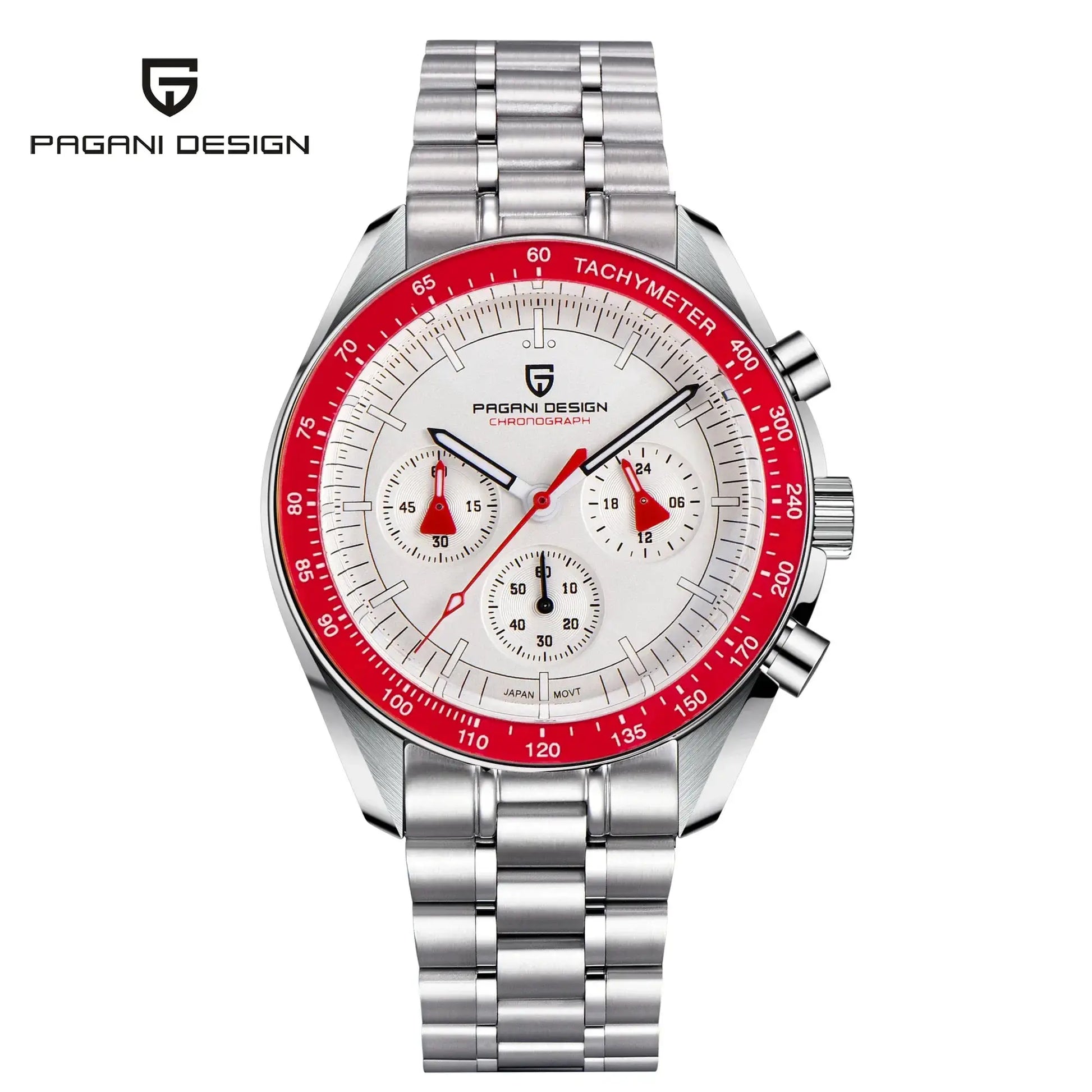 Pagani Design men's chronograph watch with stainless steel bracelet and red tachymeter bezel