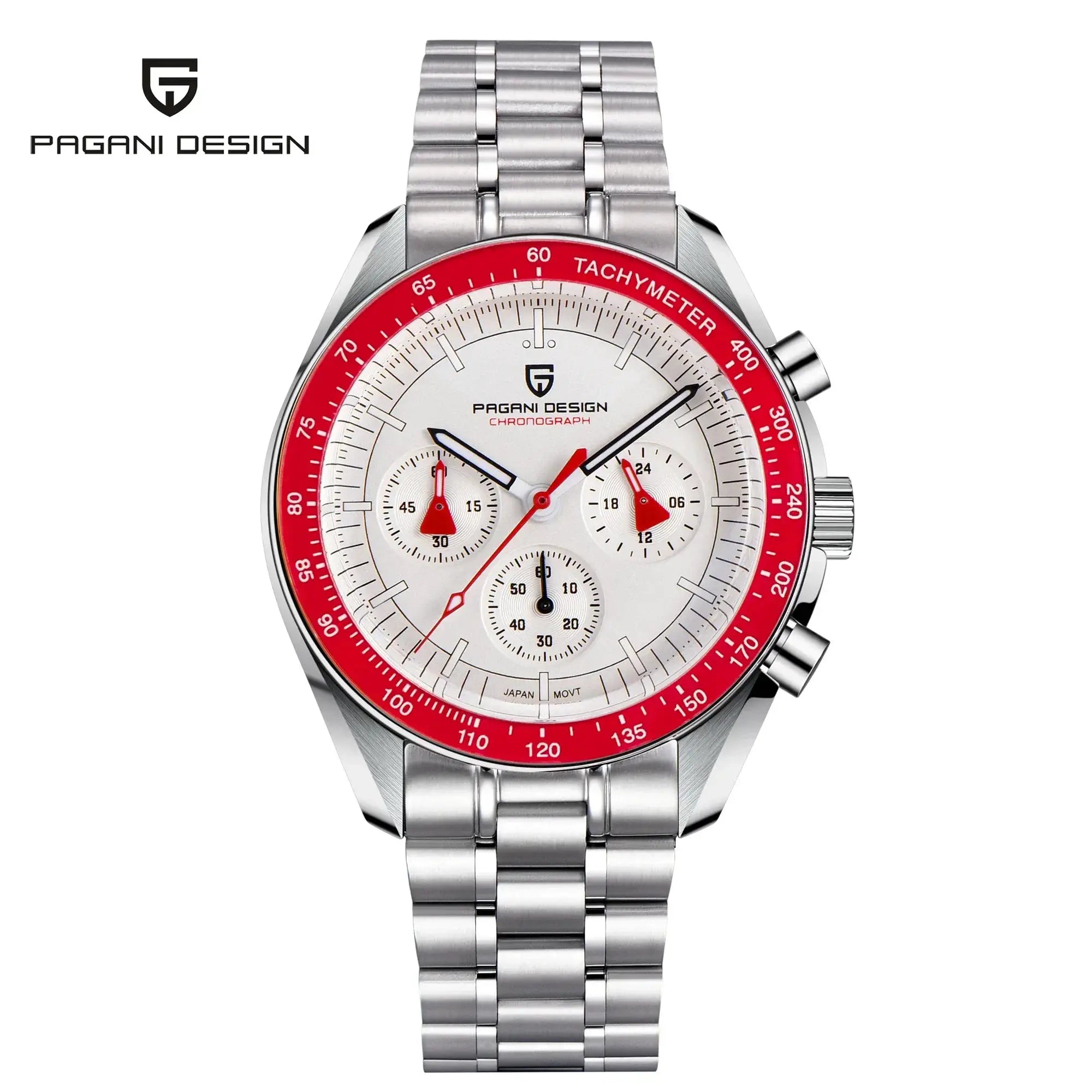 Pagani Design men's chronograph watch with stainless steel bracelet and red tachymeter bezel