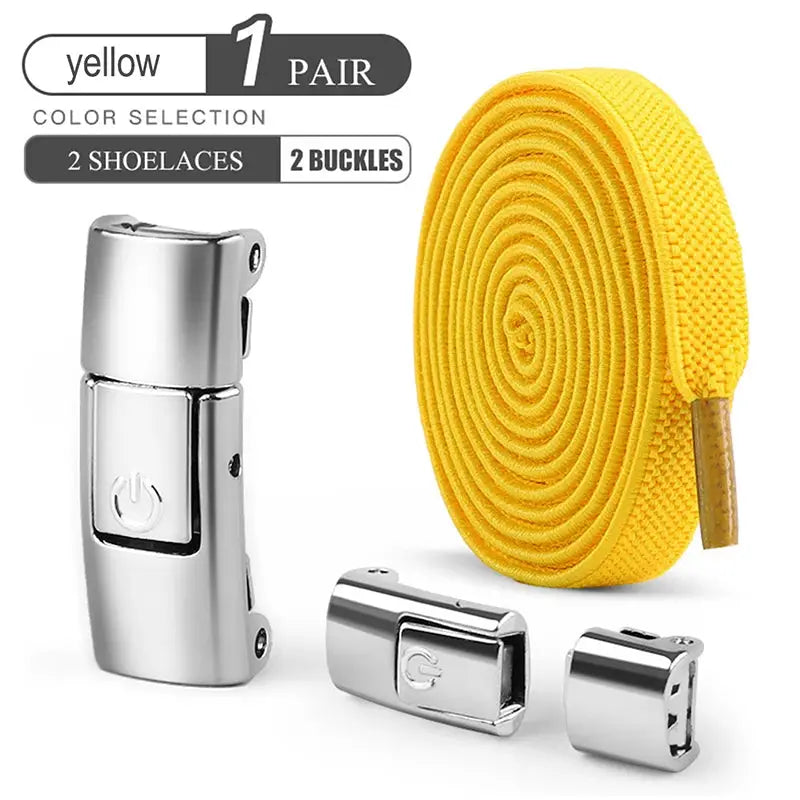 Simples Market yellow 8mm no-tie elastic shoelaces with press-lock closures and two metal buckles