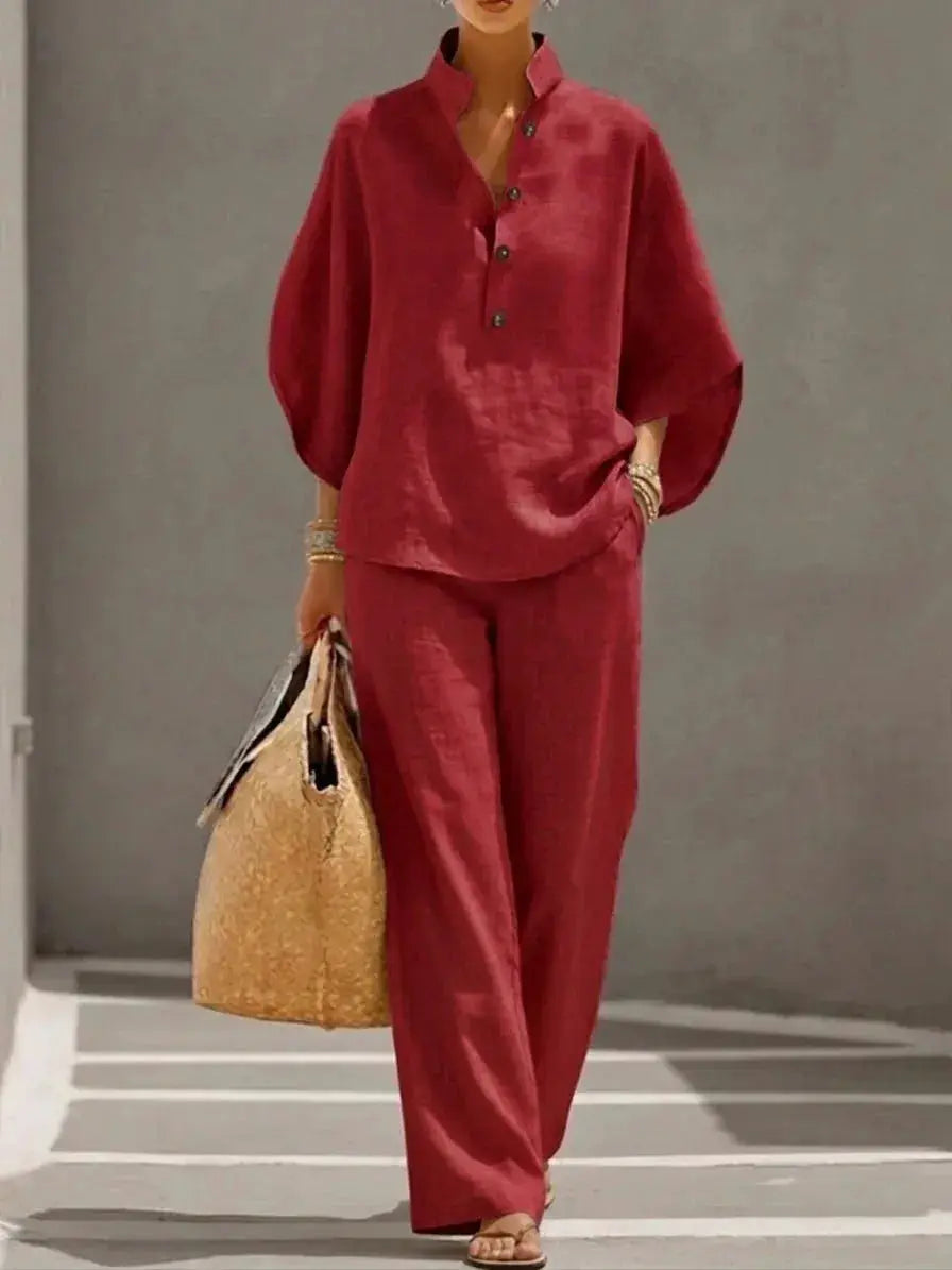 Cotton Linen Pant Set Women Stand Collar Button Top Wide Leg Trousers