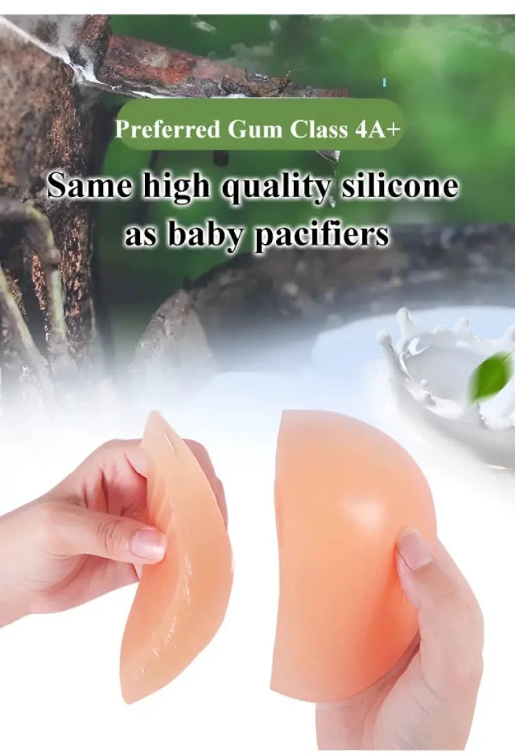 Silicone breast forms for cosplay and mastectomy by Simples Market; peach color, two prostheses shown