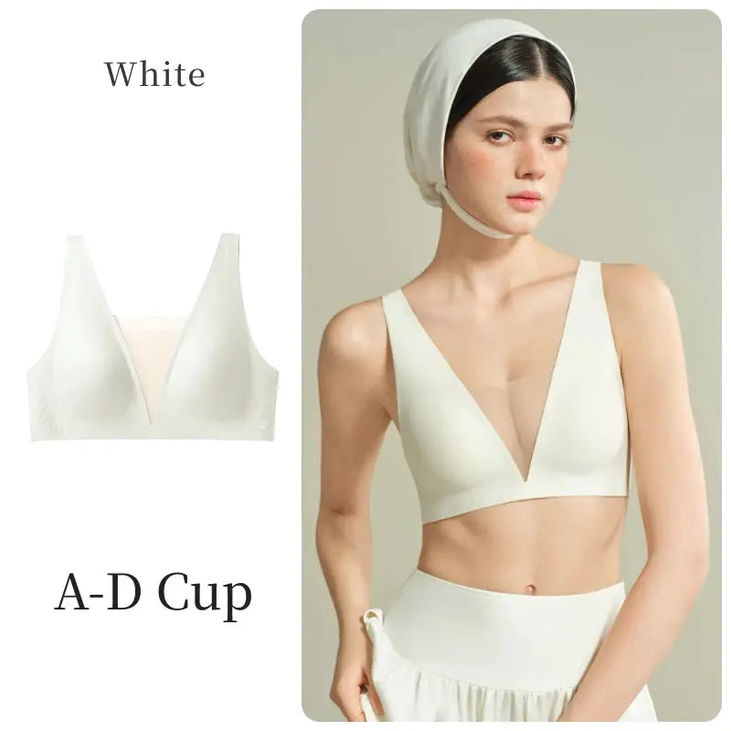 SUJIIN seamless plunge push-up bra, white wireless mesh, A-D cup, by Simples Market