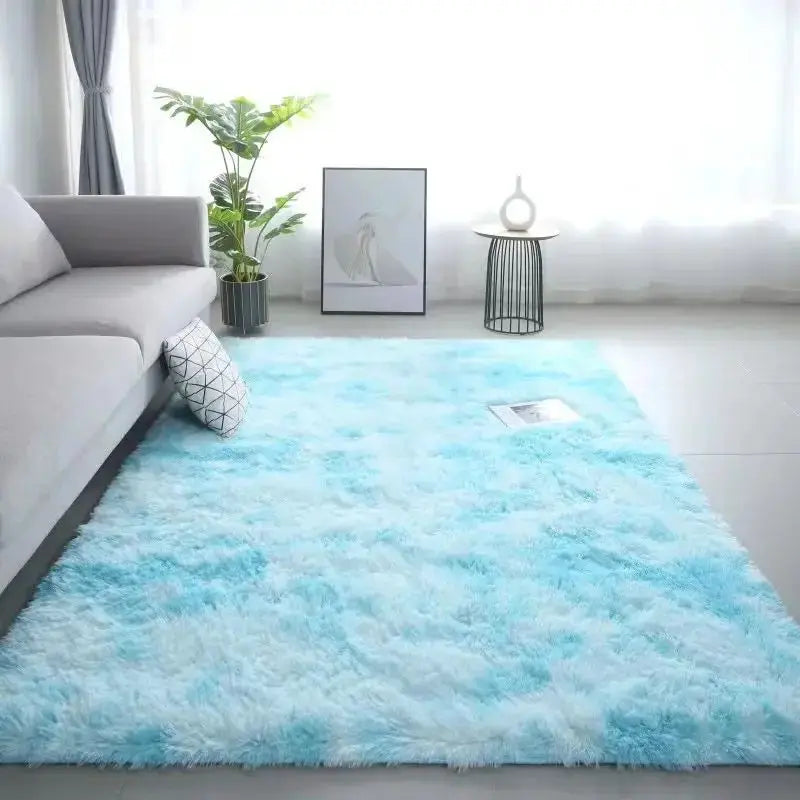 VIKAMA blue tie-dye shag area rug; fluffy living room carpet.