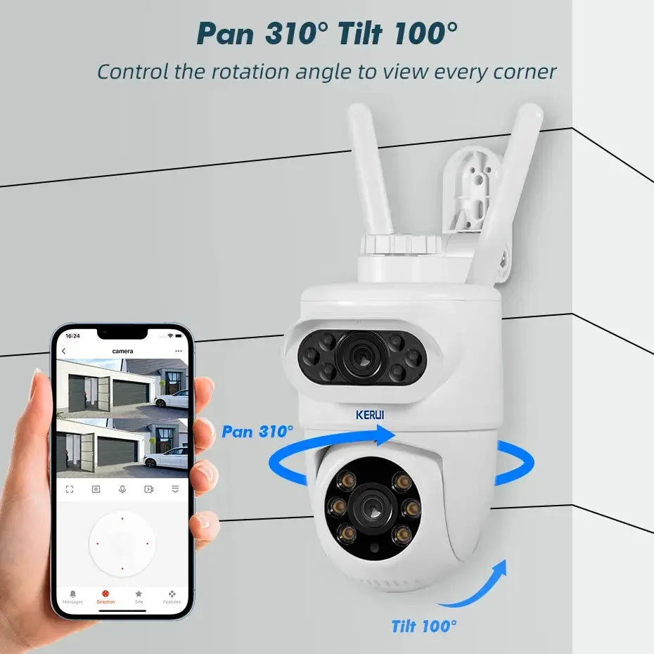 KERUI outdoor dual-lens PTZ WiFi IP security camera, white, 310° pan and 100° tilt