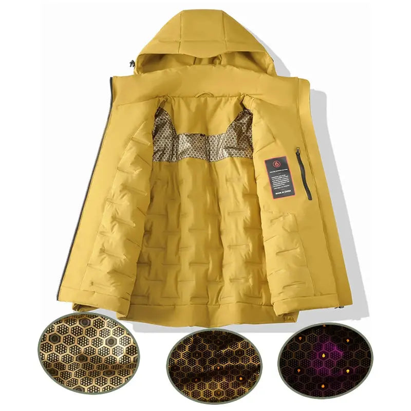 JNLN unisex waterproof fleece windbreaker in yellow with hood, Simples Market branding, honeycomb mesh lining