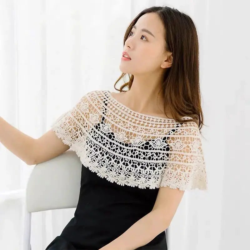 LunaFleur Sunflower Lace Knit Shawl Wrap For Bridal And Evening Wear Elegant Hollow Out Crochet Capelet