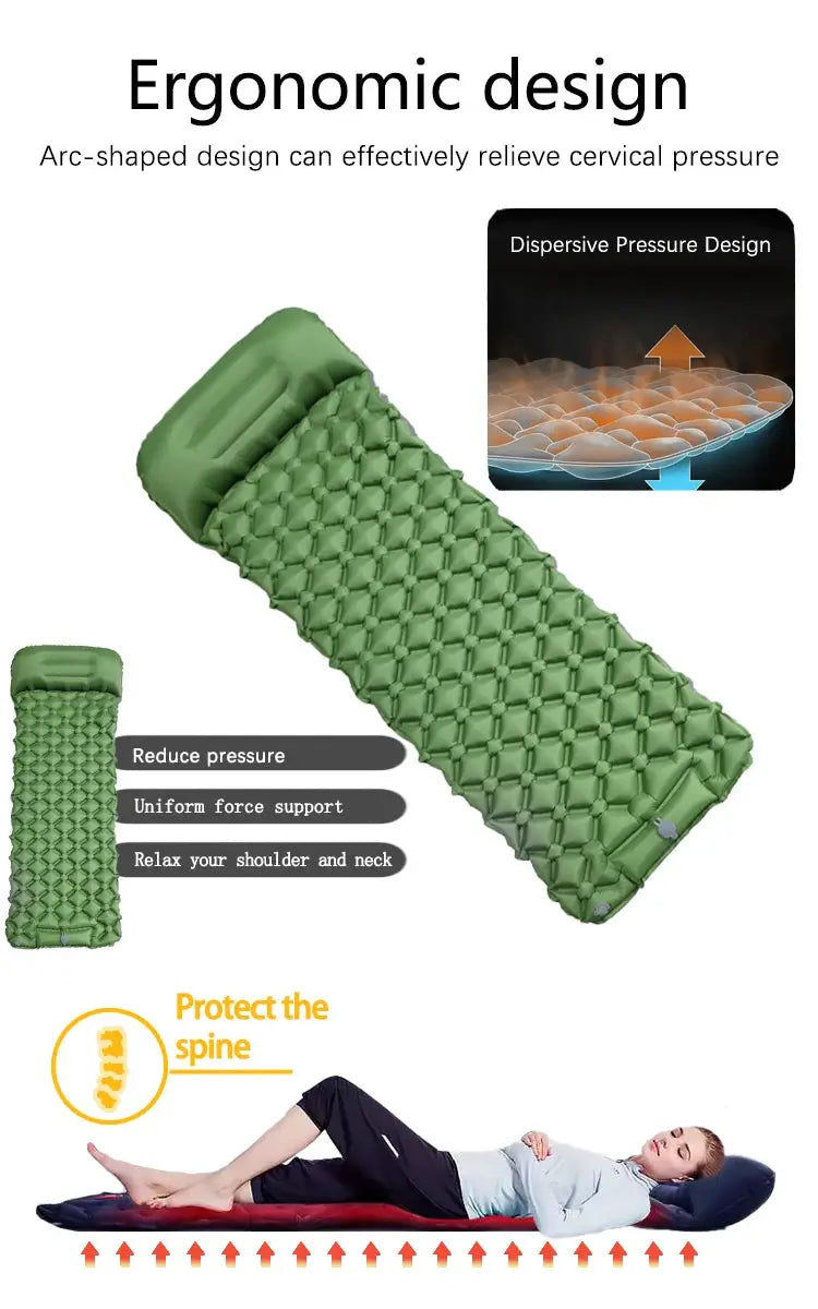 Outdoor Camping Inflatable Sleeping Pad With Built In Pillow And Inflator Pump Ultralight Air Mat For Hiking