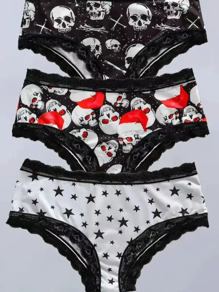 3-pack women's lace panties with skulls, Santa hats and star-print patterns, black lace trim