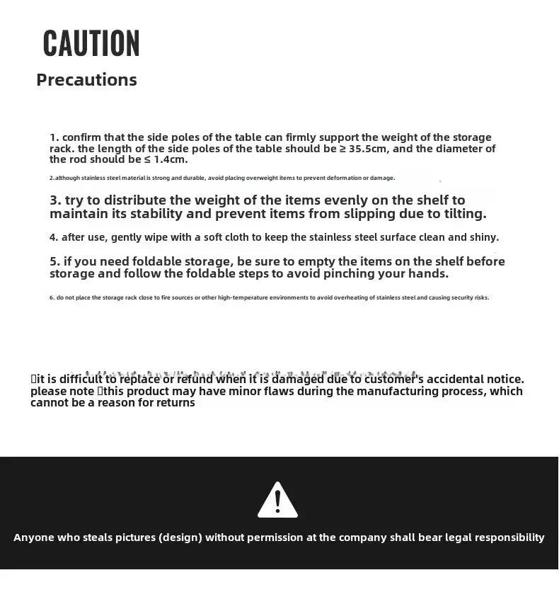 Simples Market outdoor aluminum table side storage rack caution page with precautions and warning banner