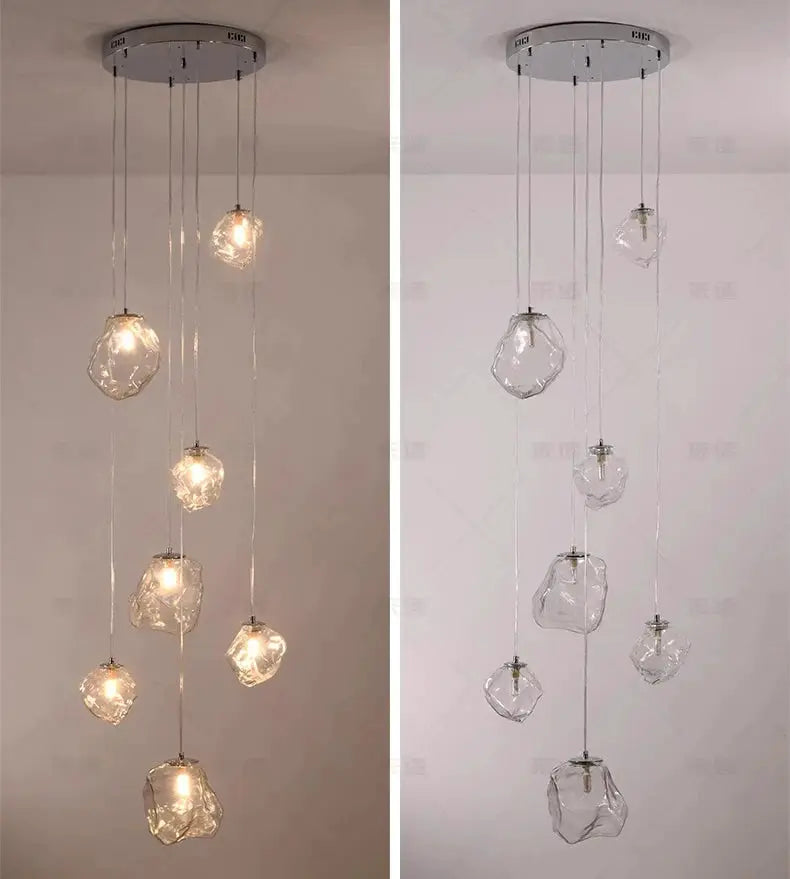 Simples Market modern pendant light chandelier with multiple irregular glass pendants and warm LED bulbs.