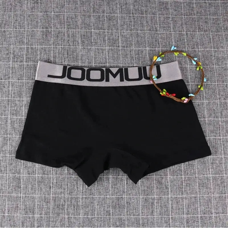 Black women's cotton boyshorts underwear with gray elastic waistband bearing logo text
