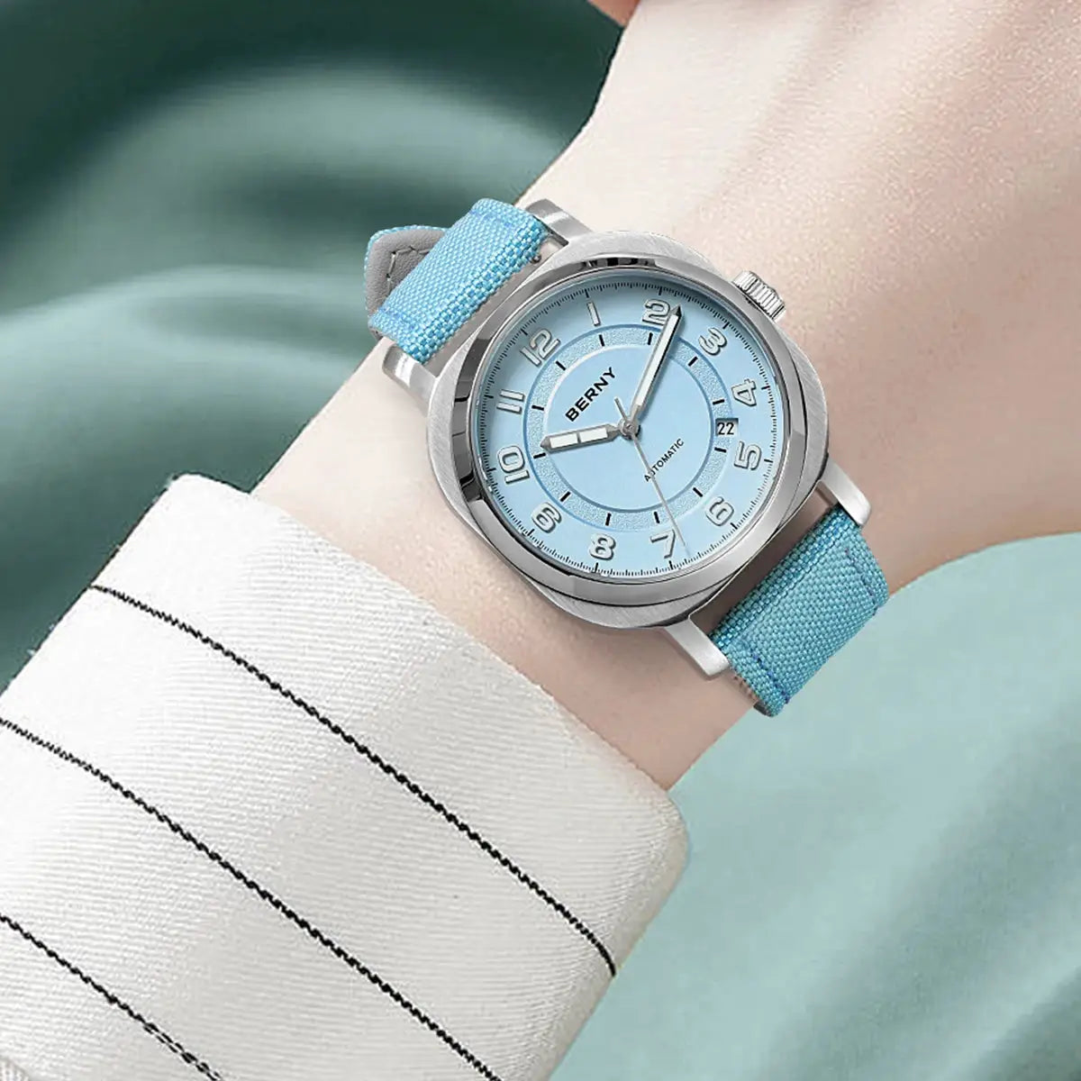 BERNY women's automatic wristwatch with light blue dial and blue fabric strap