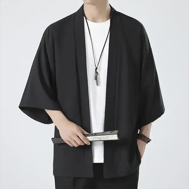 Men's black kimono cardigan, lightweight open-stitch Yukata-style outerwear, 3/4 sleeves, Simples Market