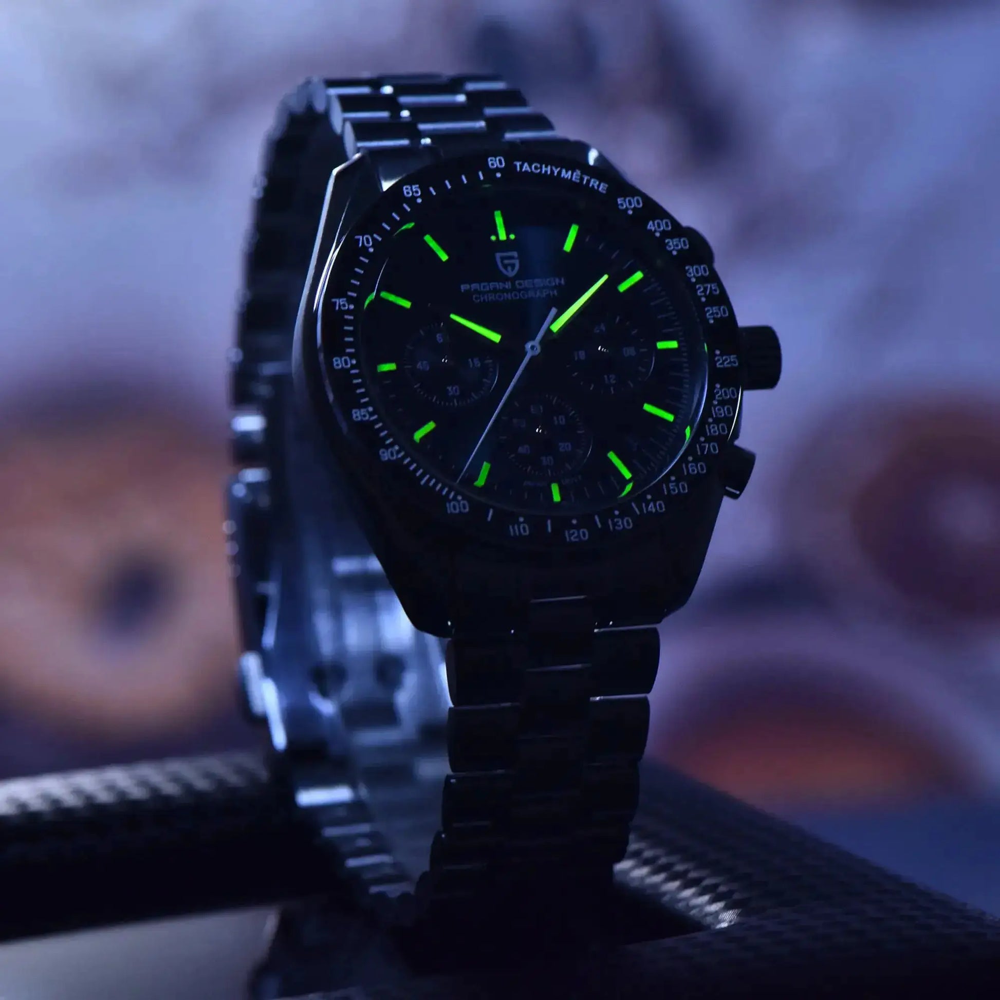 PAGANI DESIGN black stainless steel chronograph watch with green luminescent hands and tachymeter bezel