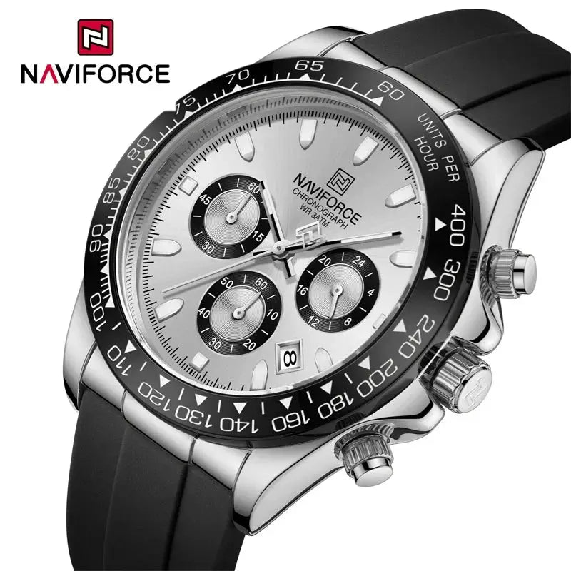 NAVIFORCE NF8054 men's chronograph watch with silicone strap, silver dial and black bezel