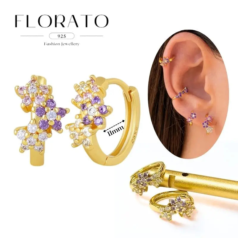 Florato 925 sterling silver gold-tone hoop earrings with pink and lavender zircon crystals