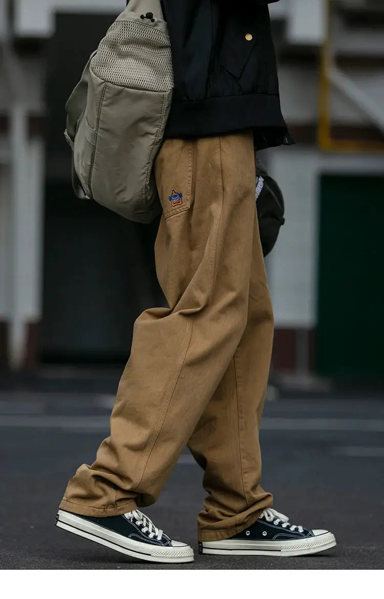 Men's tan cargo pants with small embroidered logo patch, baggy straight-leg, Simples Market