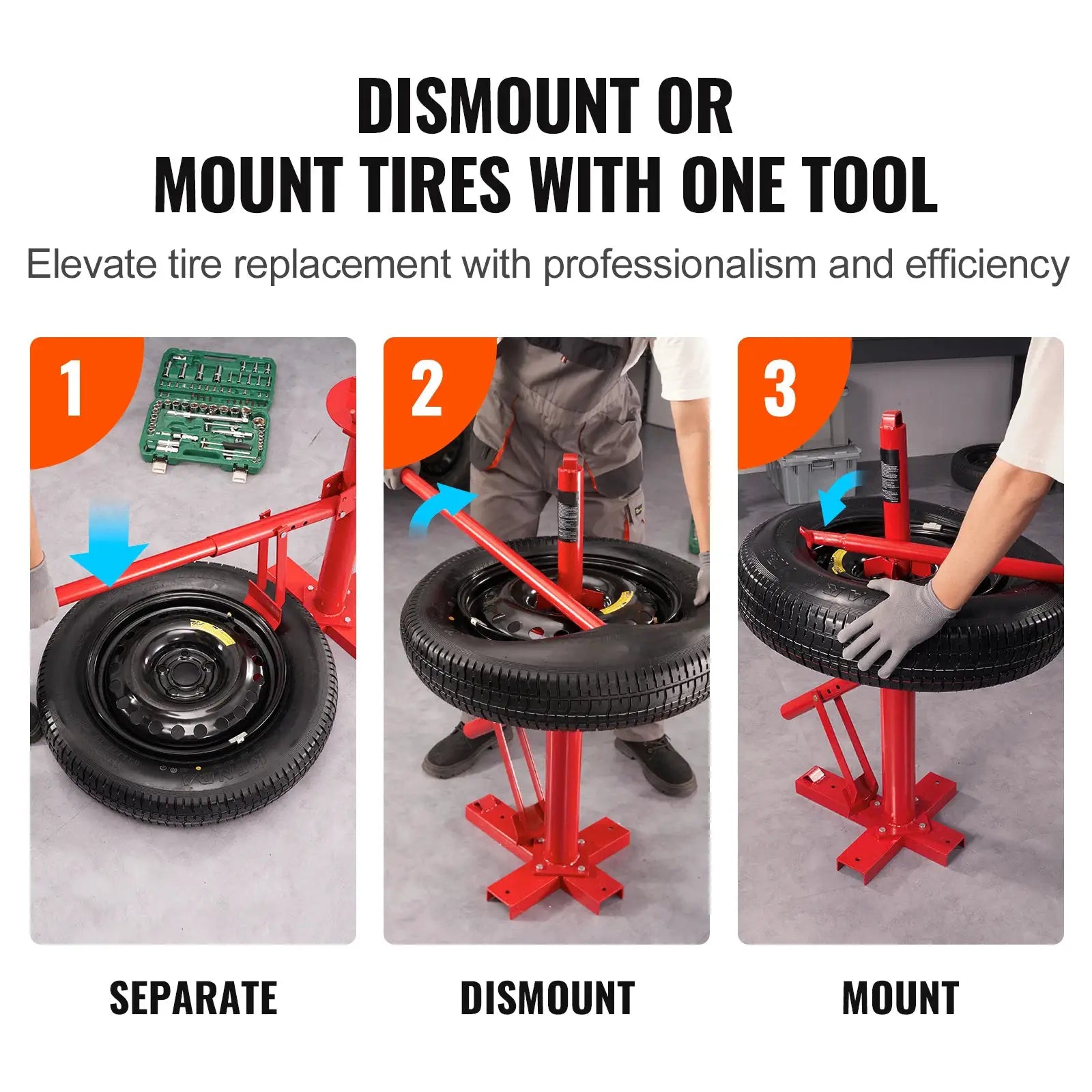 Simples Market SucceBuy portable manual tire changer bead breaker tool with red stand and tire, 3-panel setup
