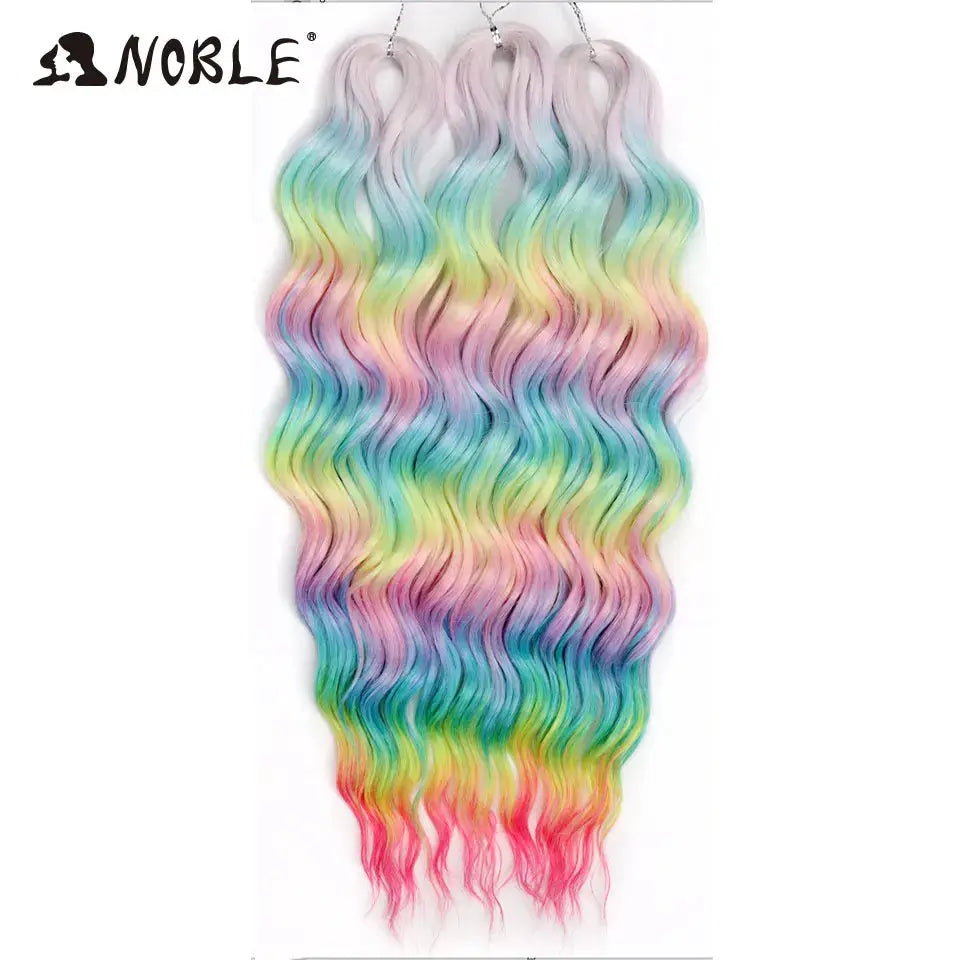 Noble Hair synthetic loose deep wave 24in braiding extensions, pastel rainbow ombre, water-wave texture, 3 bundles