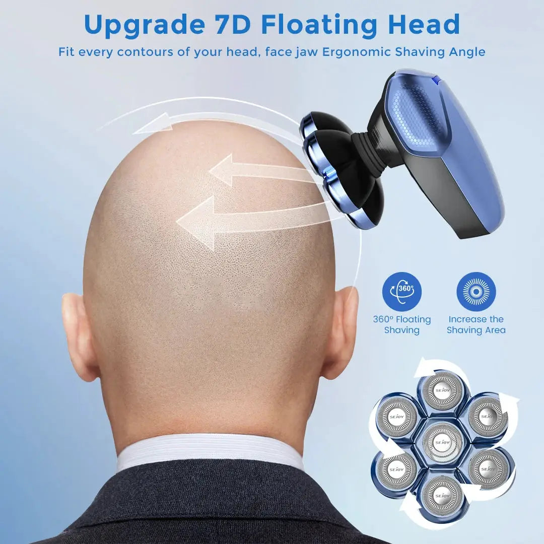 Sejoy 6-in-1 7D floating-head shaver in blue with nose hair trimmer; waterproof men's grooming kit
