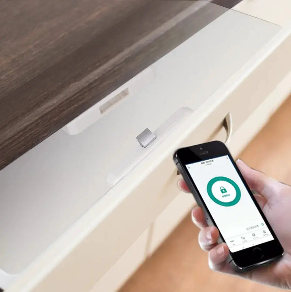 Simples Market Tuya smart drawer lock; NFC/app unlock, white finish, keyless control.