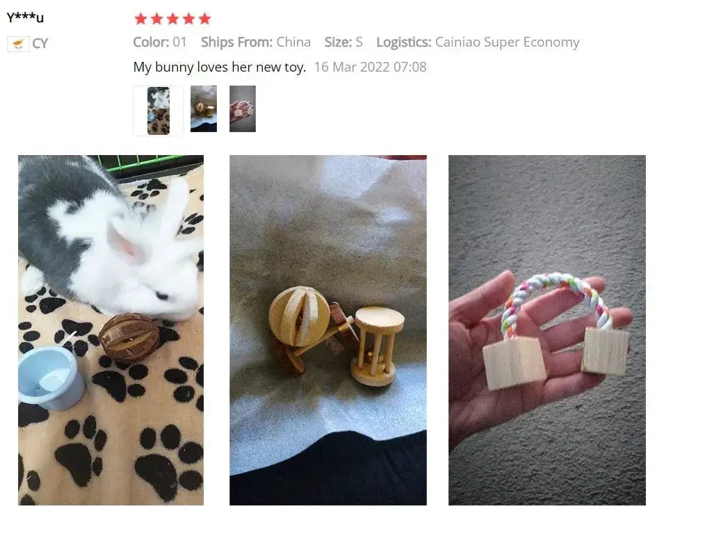Three natural wooden pine chew toys for small pets; includes round roller ball, stacked cylinder, and rope-block toy.