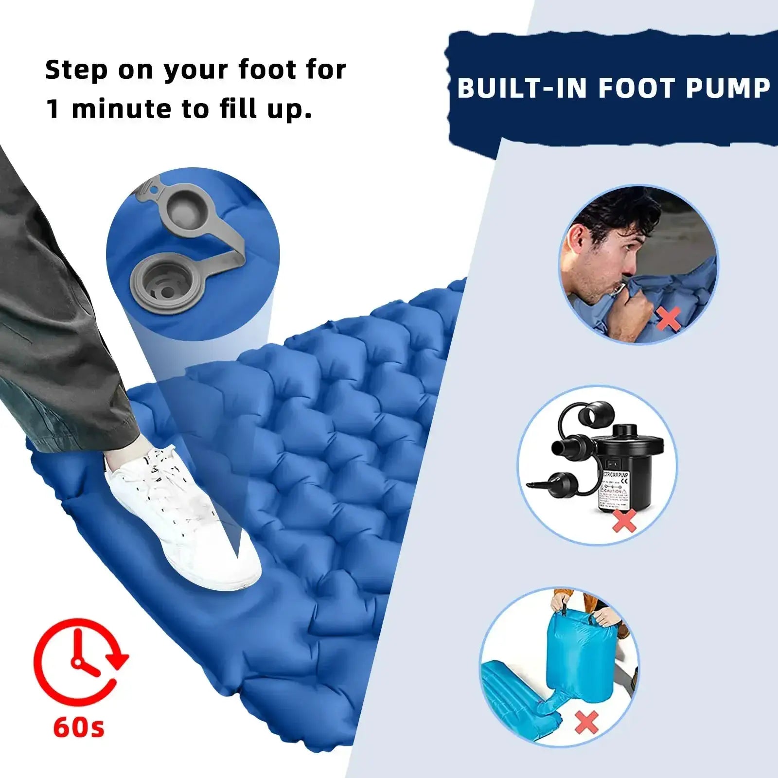 Simples Market outdoor sleeping pad blue inflatable camping mattress with built-in foot pump