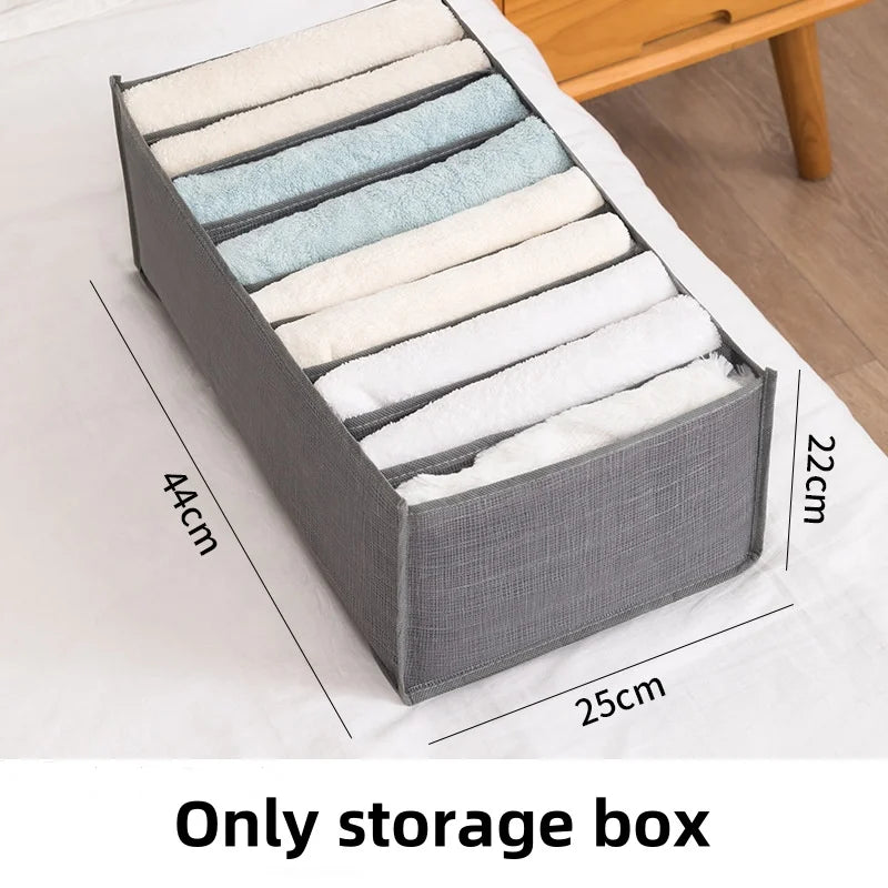 Grey non-woven 9-grid storage box with towels inside; durable, washable wardrobe organizer (44x25x22 cm)