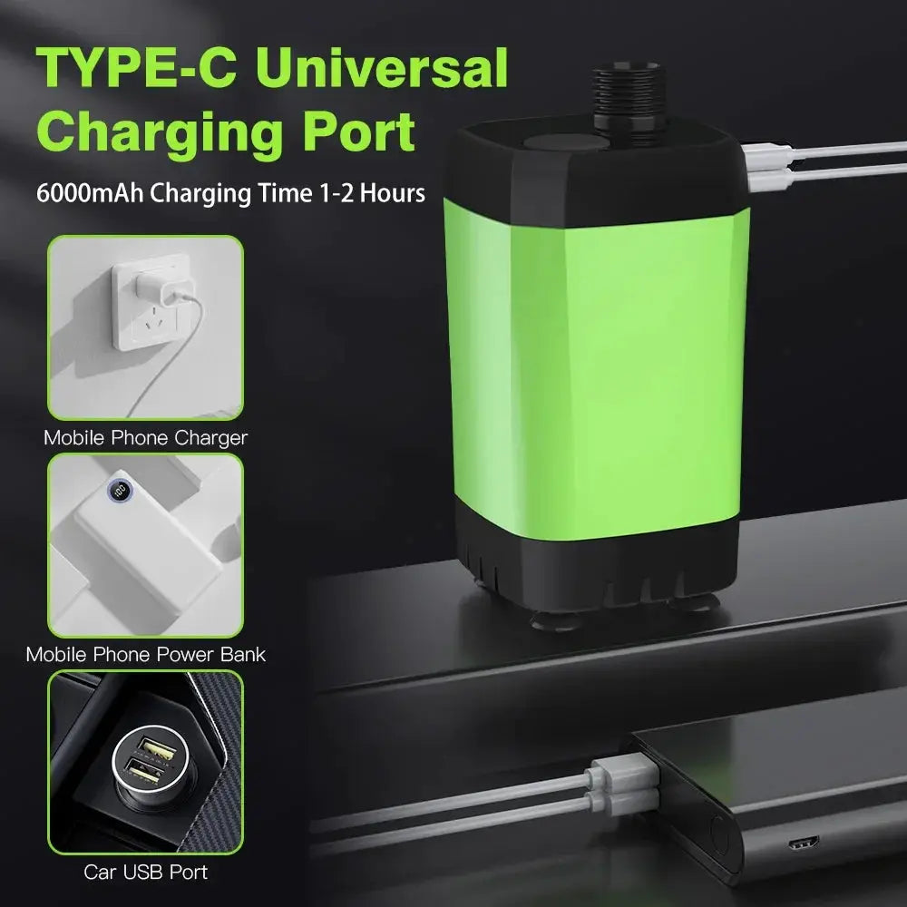 Camping shower pump with 6000mAh battery, green body and black base, Type-C charging port