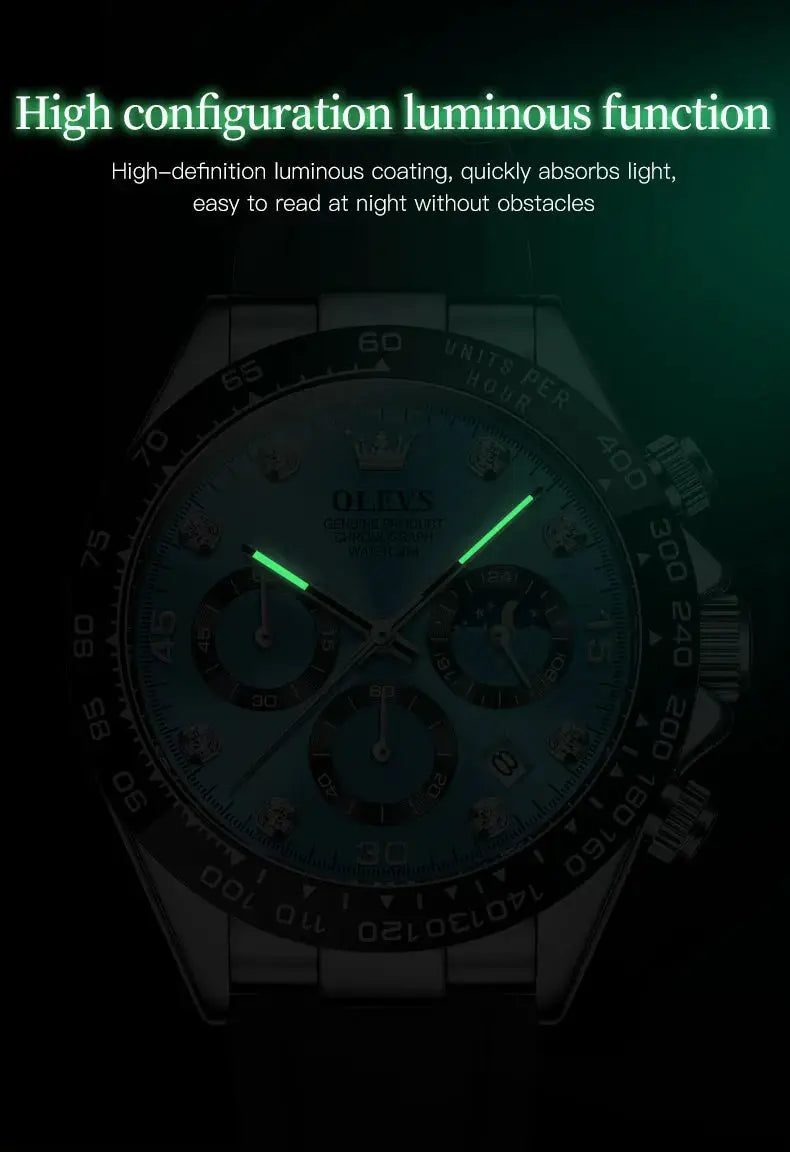 OLEVS 2875 men's luxury quartz chronograph watch with silicone strap, moon phase, and green luminous hands