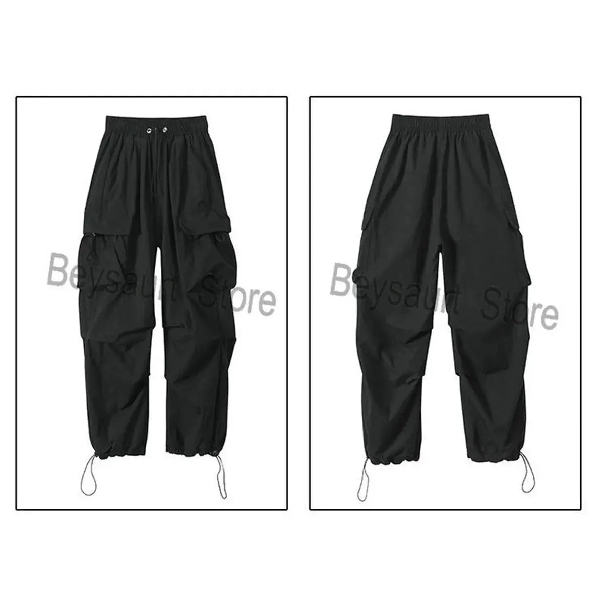 Black cargo pants with elastic waist, drawstring cuffs, multiple pockets; baggy harem style, front and back views.
